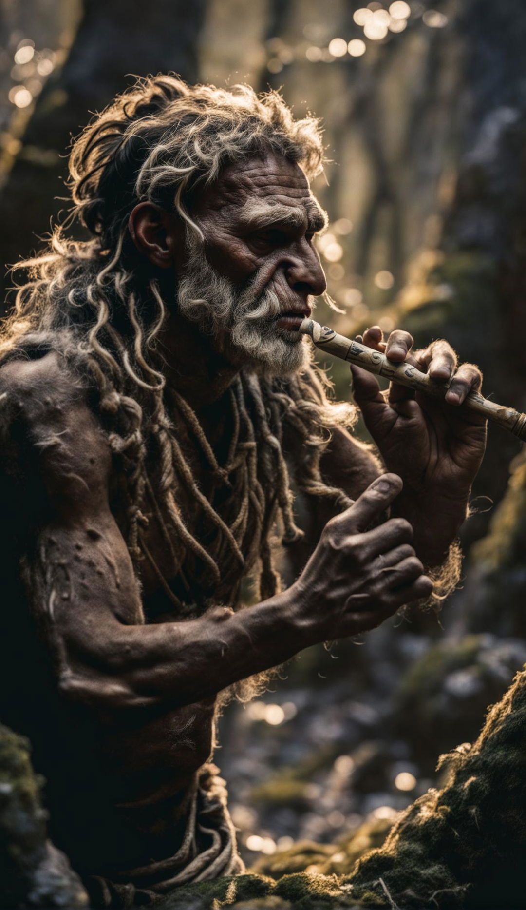 A Neanderthal playing a bone flute in an ancient forest. He has brown skin, prominent forehead and brow ridge, wide flat nose, wiry beard and thick hair tied in top knot with plant fibres. The warm morning light filters through the tree canopy creating tranquil vibes.