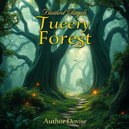 A captivating book cover design featuring a mystical forest with towering ancient trees, their leaves glistening with dew