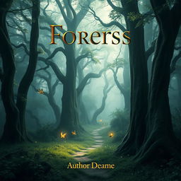 A captivating book cover design featuring a mystical forest with towering ancient trees, their leaves glistening with dew