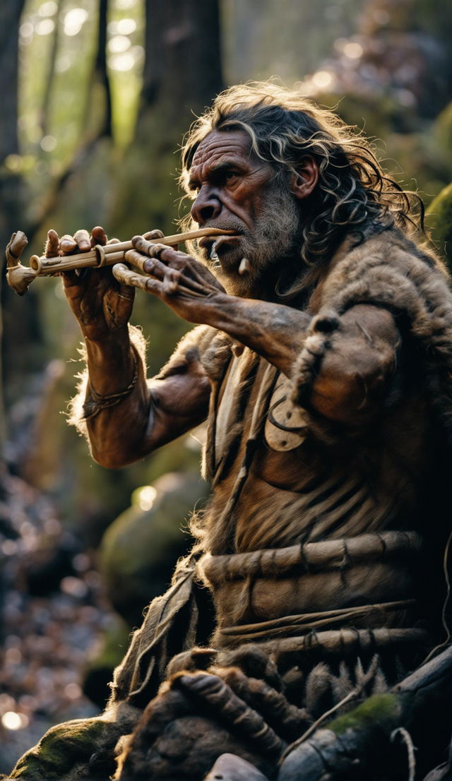 A Neanderthal in primitive animal skin clothing playing a bone flute in an ancient forest. He has brown skin, prominent forehead and brow ridge, wide flat nose, wiry beard and thick hair tied in top knot with plant fibres. The warm morning light filters through the tree canopy creating tranquil vibes.