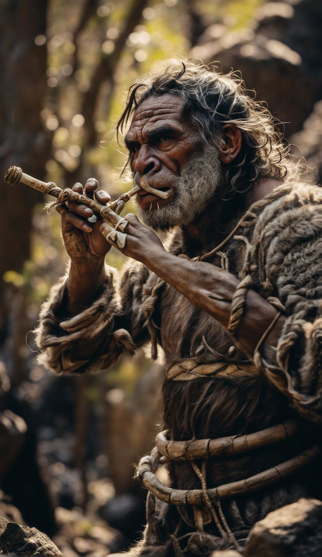 A Neanderthal in primitive animal skin clothing playing a bone flute in an ancient forest. He has brown skin, prominent forehead and brow ridge, wide flat nose, wiry beard and thick hair tied in top knot with plant fibres. His hands are detailed. The warm morning light filters through the tree canopy creating tranquil vibes.