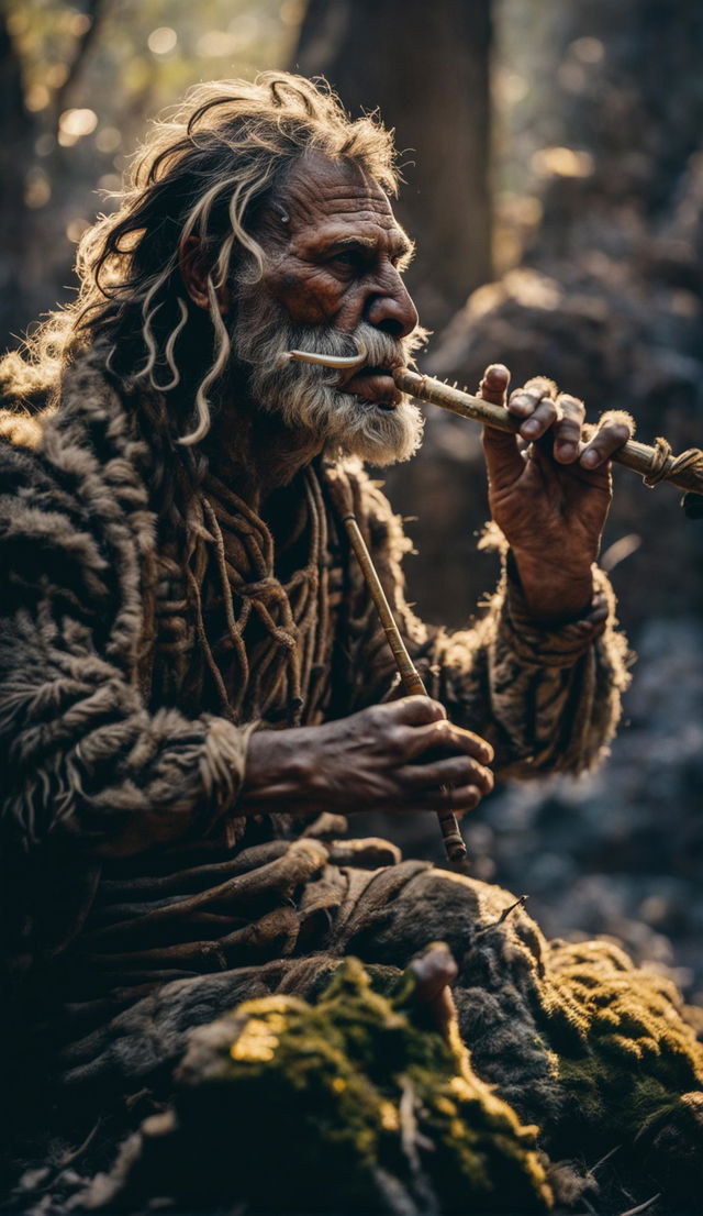 A Neanderthal in primitive animal skin clothing playing a bone flute in an ancient forest. He has brown skin, prominent forehead and brow ridge, wide flat nose, wiry beard and thick hair tied in top knot with plant fibres. His hands are detailed. The warm morning light filters through the tree canopy creating tranquil vibes.