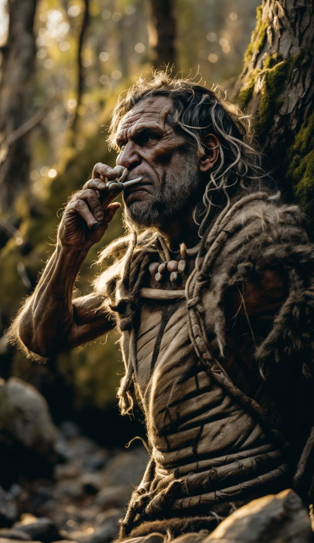 A Neanderthal in primitive animal skin clothing playing a bone flute in an ancient forest. He has brown skin, prominent forehead and brow ridge, wide flat nose, wiry beard and thick hair tied in top knot with plant fibres. His hands are detailed and human-like. The warm morning light filters through the tree canopy creating tranquil vibes.