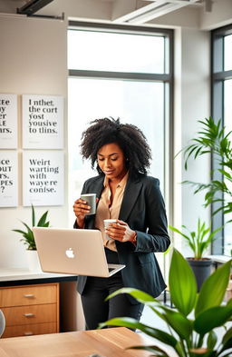 A confident entrepreneur in a modern office space, showcasing a dynamic atmosphere