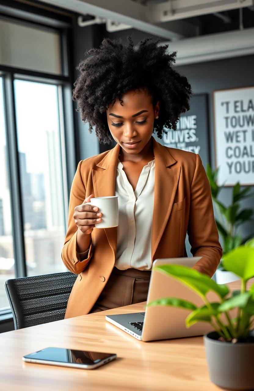 A confident entrepreneur in a modern office space, showcasing a dynamic atmosphere