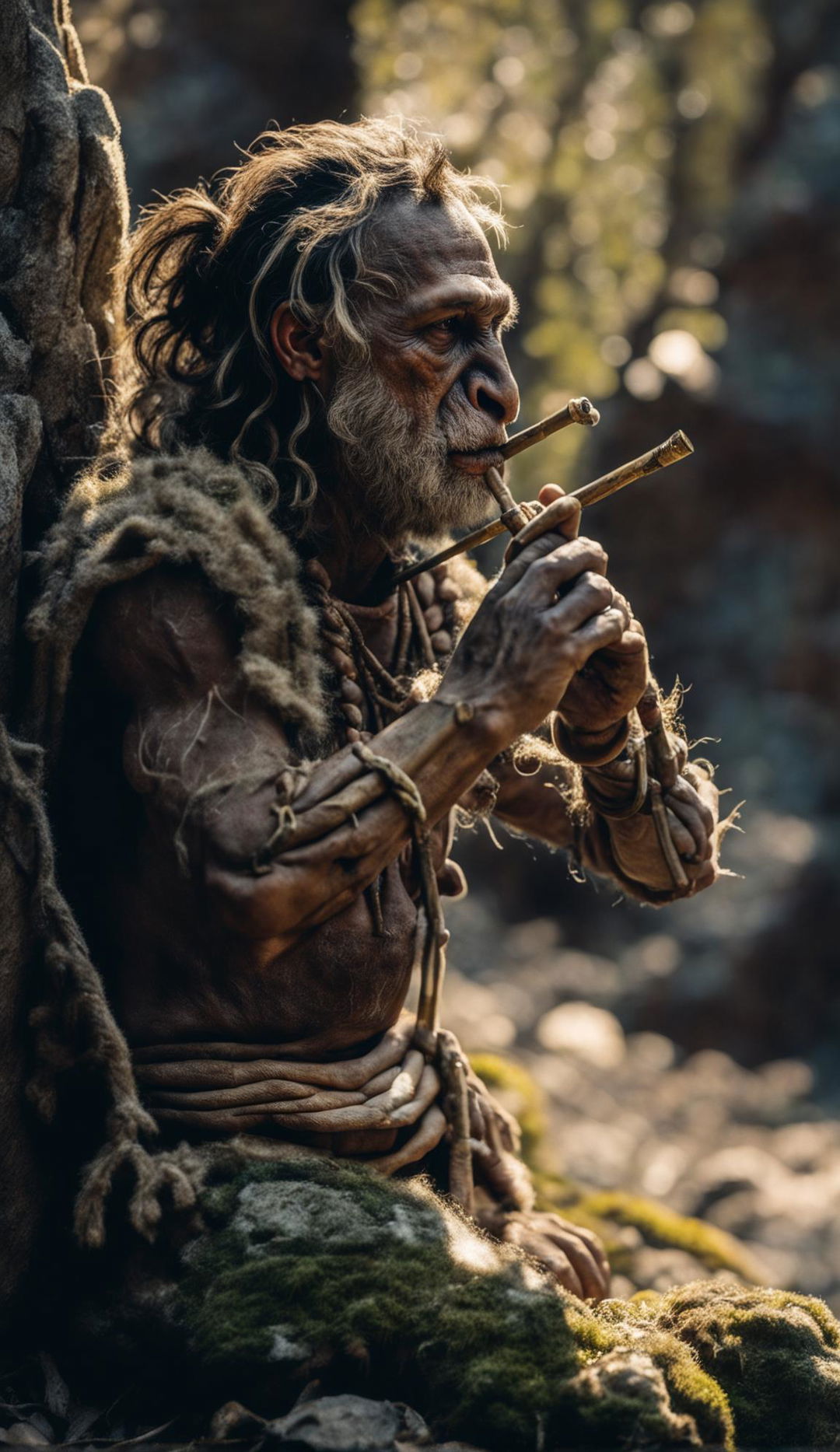 A Neanderthal in primitive animal skin clothing playing a primitive bone flute in an ancient forest. He has brown skin, prominent forehead and brow ridge, wide flat nose, wiry beard and thick hair tied in top knot with plant fibres. His hands are detailed and human-like. The warm morning light filters through the tree canopy creating tranquil vibes.