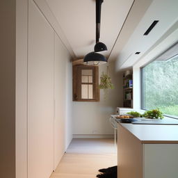 Modern, space-efficient interior design of a small kitchen that appears significantly larger than its actual size