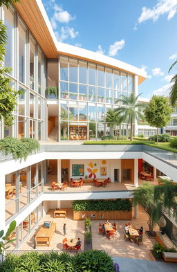 A modern community center design, featuring a spacious and welcoming facade with large glass windows, lush green landscaping, and vibrant outdoor spaces