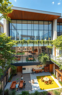 A modern community center design, featuring a spacious and welcoming facade with large glass windows, lush green landscaping, and vibrant outdoor spaces