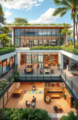 A modern community center design, featuring a spacious and welcoming facade with large glass windows, lush green landscaping, and vibrant outdoor spaces