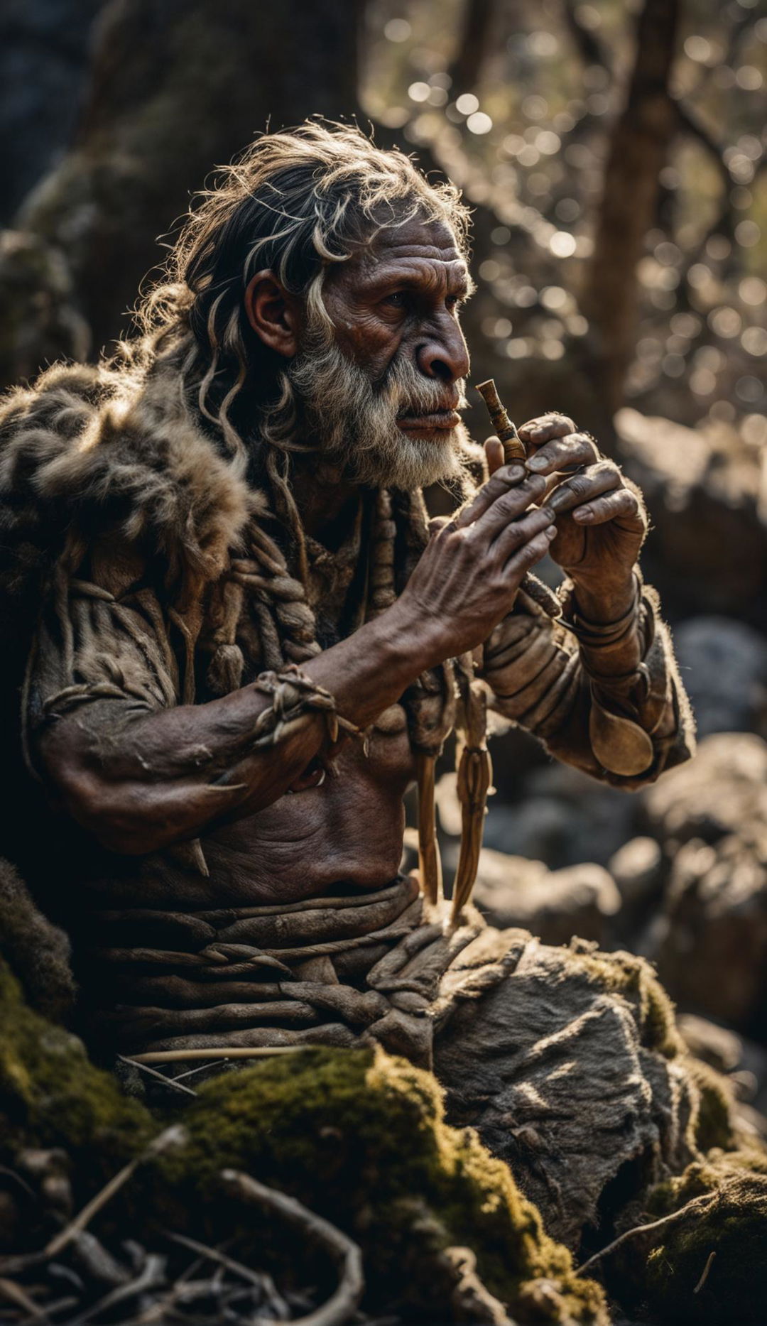 A Neanderthal in primitive animal skin clothing playing a primitive bone flute in an ancient forest. He has brown skin, prominent forehead and brow ridge, wide flat nose, wiry beard and thick hair tied in top knot with plant fibres. His detailed human-like hands are holding the flute to his mouth. The warm morning light filters through the tree canopy creating tranquil vibes.