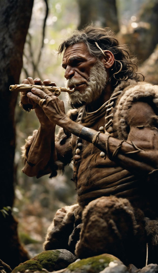 A Neanderthal in primitive animal skin clothing playing a primitive 8-inch bone flute in an ancient forest. He has brown skin, prominent forehead and brow ridge, wide flat nose, wiry beard and thick hair tied in top knot with plant fibres. His detailed human-like hands are holding the flute to his mouth. The warm morning light filters through the tree canopy creating tranquil vibes.