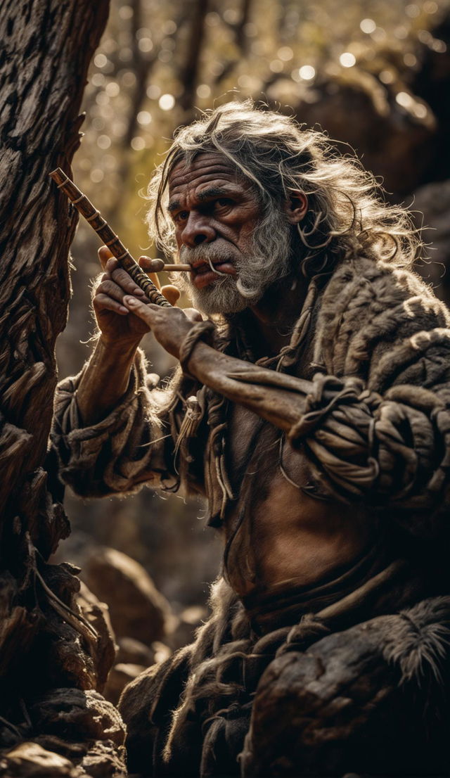 A Neanderthal in primitive animal skin clothing playing a primitive 8-inch bone flute in an ancient forest. He has brown skin, prominent forehead and brow ridge, wide flat nose, wiry beard and thick hair tied in top knot with plant fibres. His detailed human-like hands are holding the flute to his mouth and he is blowing into it. The warm morning light filters through the tree canopy creating tranquil vibes.