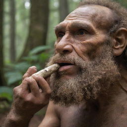 A detailed human-like hand of a Neanderthal holding a primitive bone flute to his lips in an ancient forest.