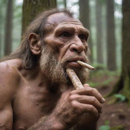 A detailed human-like hand of a Neanderthal holding a primitive bone flute to his lips in an ancient forest.