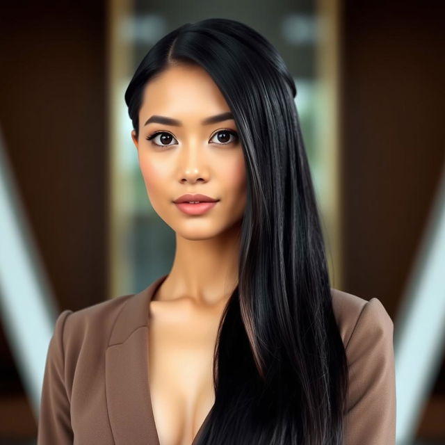 A beautiful adult woman of Indonesian and European descent with an elegant and professional appearance, showcasing large breasts