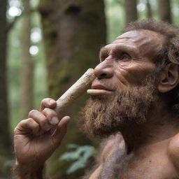 A detailed human-like hand of a Neanderthal holding a primitive bone flute to his lips in an ancient forest.