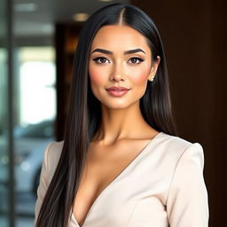 A beautiful adult woman with an elegant and professional appearance, showcasing large breasts