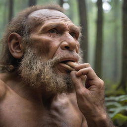 A detailed human-like hand of a Neanderthal holding a primitive bone flute to his lips in an ancient forest.