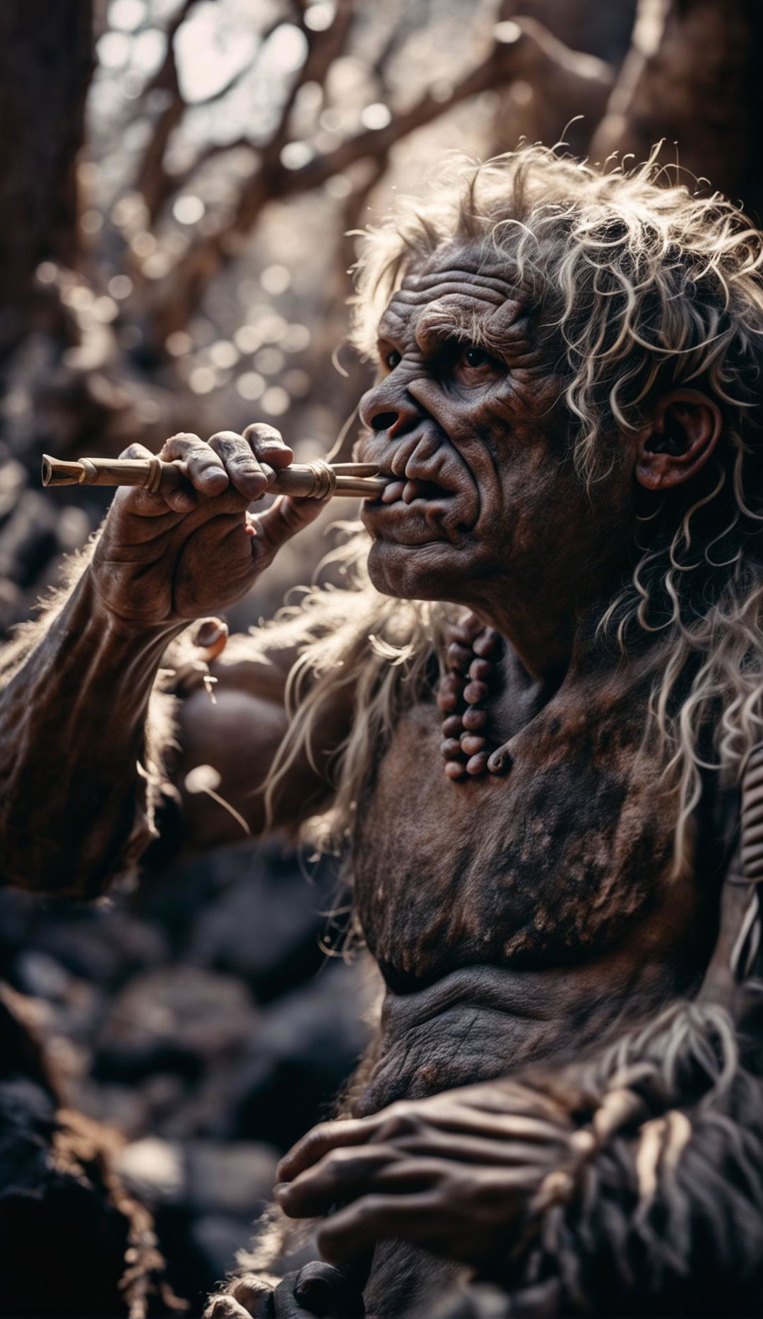 A Neanderthal's detailed human-like hand holding a primitive bone flute to his lips in an ancient forest.