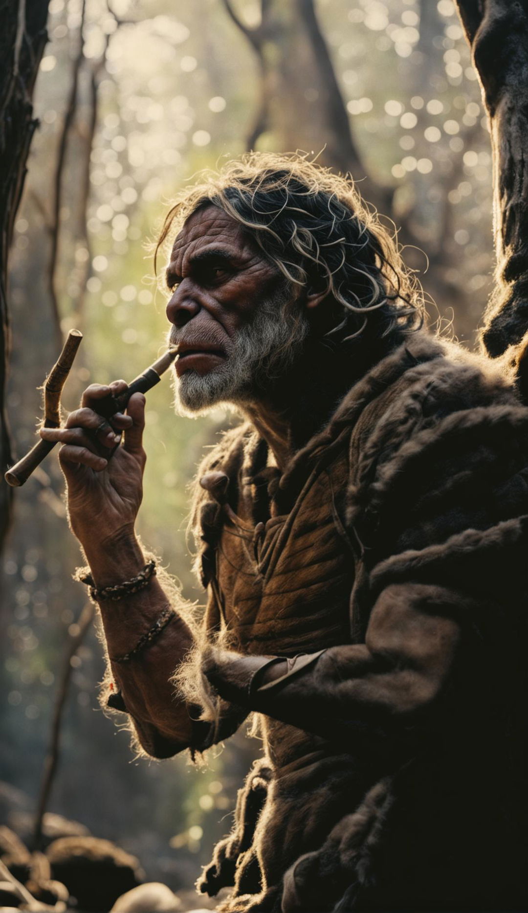 A Neanderthal with prominent facial features playing a bone flute in an ancient forest under warm morning light. He's dressed in primitive animal skin clothing and has detailed human hands.