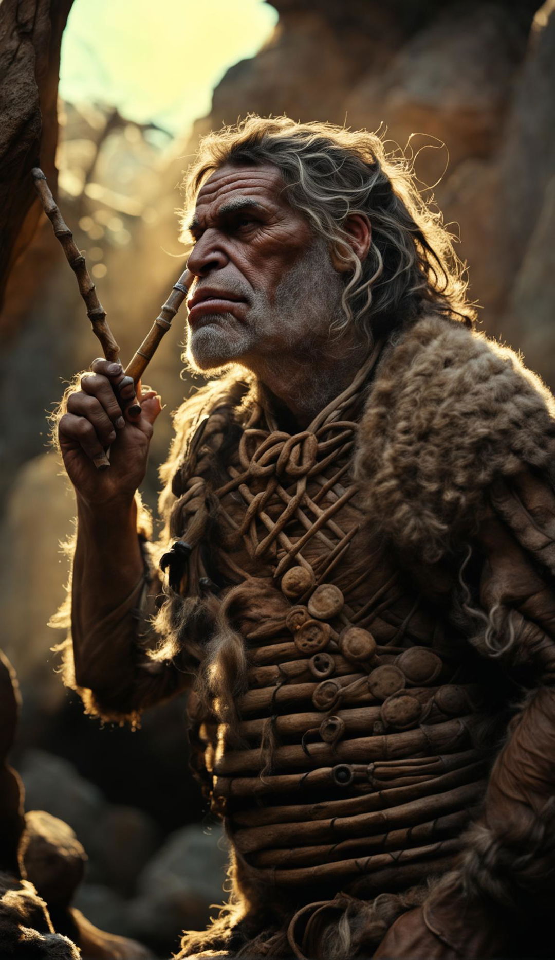 A Neanderthal caveman with prominent facial features playing a bone flute in an ancient forest under warm morning light. He's dressed in primitive animal skin clothing and has detailed human hands.