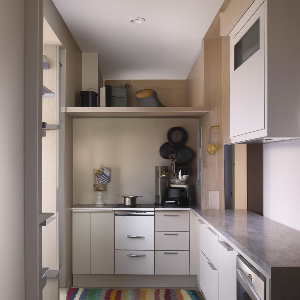 Modern, space-efficient interior design of a small kitchen that appears significantly larger than its actual size