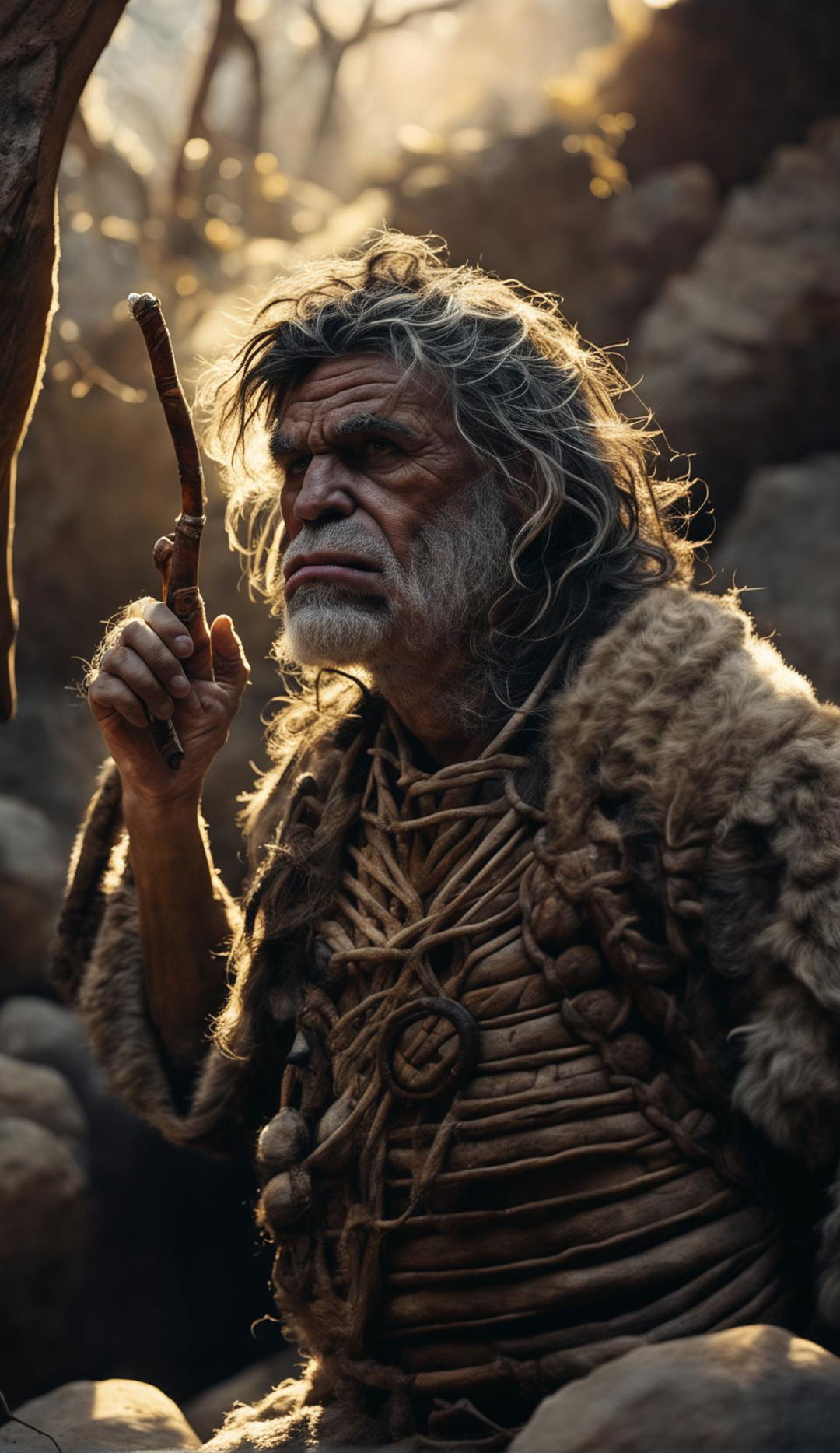 A Neanderthal caveman with prominent facial features playing a bone flute in an ancient forest under warm morning light. He's dressed in primitive animal skin clothing and has perfect human hands.