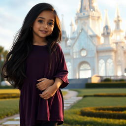 A Mexican American girl with very long dark hair, slightly tan skin, pink lips, and black eyes, is standing in front of an enchanting crystal mansion