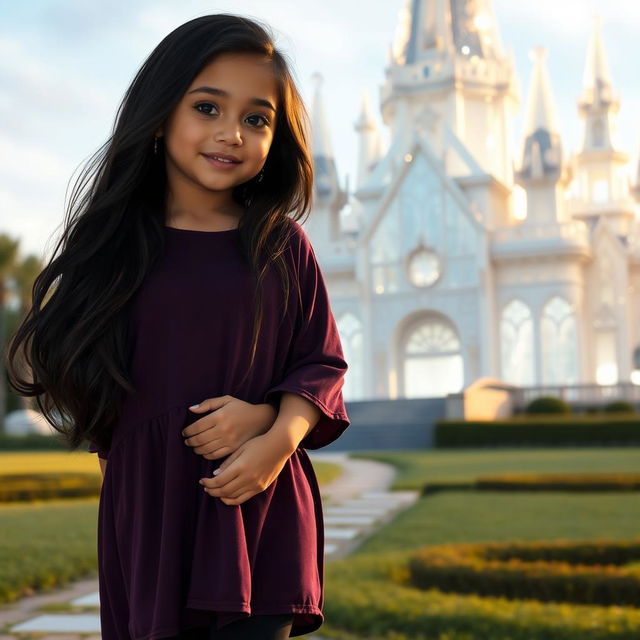 A Mexican American girl with very long dark hair, slightly tan skin, pink lips, and black eyes, is standing in front of an enchanting crystal mansion