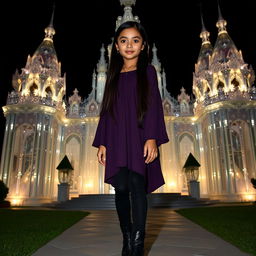 A Mexican American girl with very long dark hair, slightly tan skin, pink lips, and black eyes, is standing in front of an enchanting crystal mansion