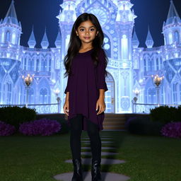 A Mexican American girl with very long dark hair, slightly tan skin, pink lips, and black eyes, is standing in front of an enchanting crystal mansion