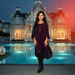 A Mexican American girl with very long dark hair, slightly tan skin, pink lips, and black eyes, is standing in front of a stunning mansion made entirely of crystal