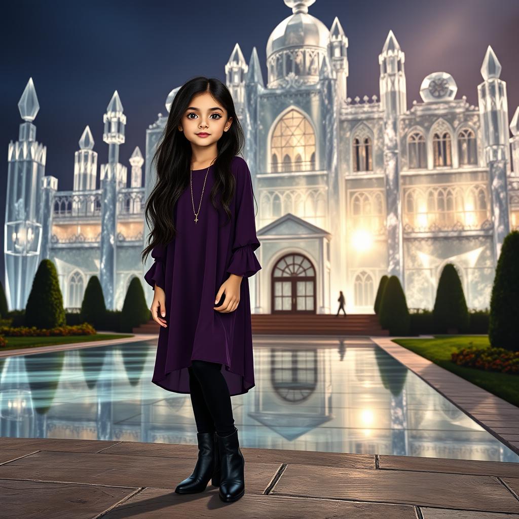 A Mexican American girl with very long dark hair, slightly tan skin, pink lips, and black eyes, is standing in front of a stunning mansion made entirely of crystal