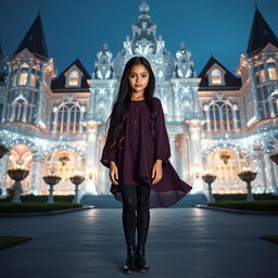 A Mexican American girl with very long dark hair, slightly tan skin, pink lips, and black eyes, is standing in front of a stunning mansion made entirely of crystal