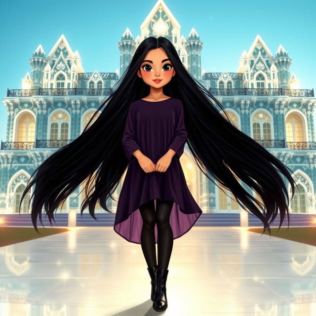 A Mexican American girl with very long dark hair, slightly tan skin, pink lips, and black eyes, is standing in front of a stunning mansion made entirely of crystal