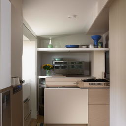 Modern, space-efficient interior design of a small kitchen that appears significantly larger than its actual size