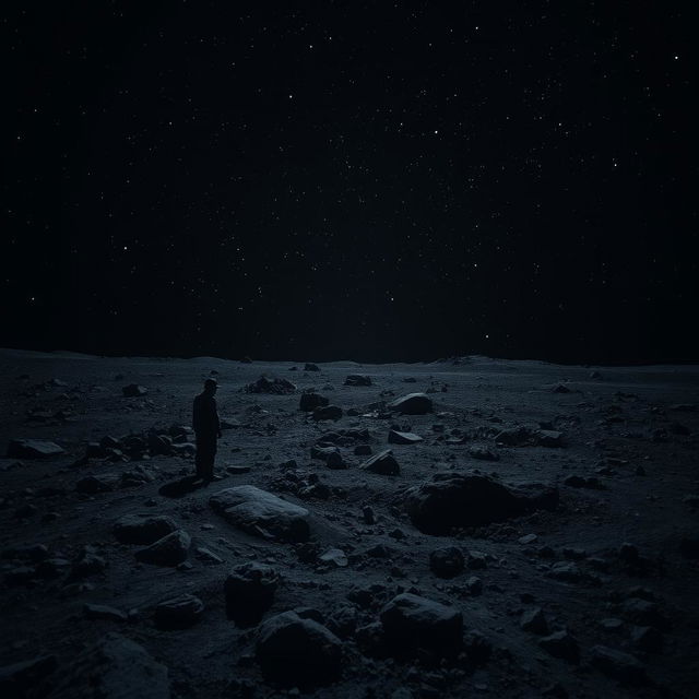 A desolate, rocky lunar landscape under a starry night sky, featuring a dark and uneven lunar surface with visible craters, dust, and shadows