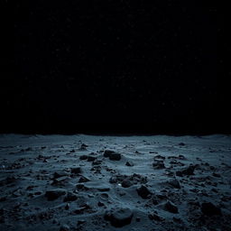 A desolate, rocky lunar landscape under a starry night sky, featuring a dark and uneven lunar surface with visible craters, dust, and shadows