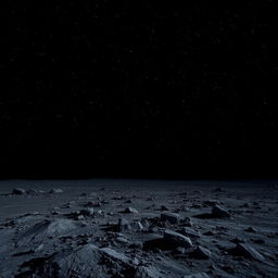 A desolate, rocky lunar landscape under a starry night sky, featuring a dark and uneven lunar surface with visible craters, dust, and shadows