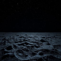 A desolate, rocky lunar landscape under a starry night sky, featuring a dark and uneven lunar surface with visible craters, dust, and shadows