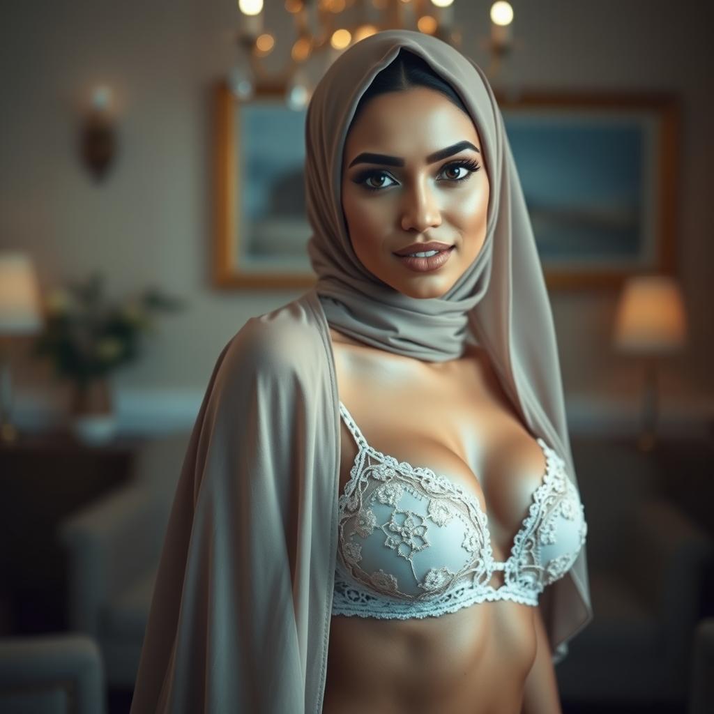 A stunning Arab woman exuding confidence, wearing a stylish hijab that showcases her beautiful features