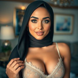 A stunning Arab woman exuding confidence, wearing a stylish hijab that showcases her beautiful features