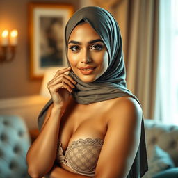 A stunning Arab woman exuding confidence, wearing a stylish hijab that showcases her beautiful features