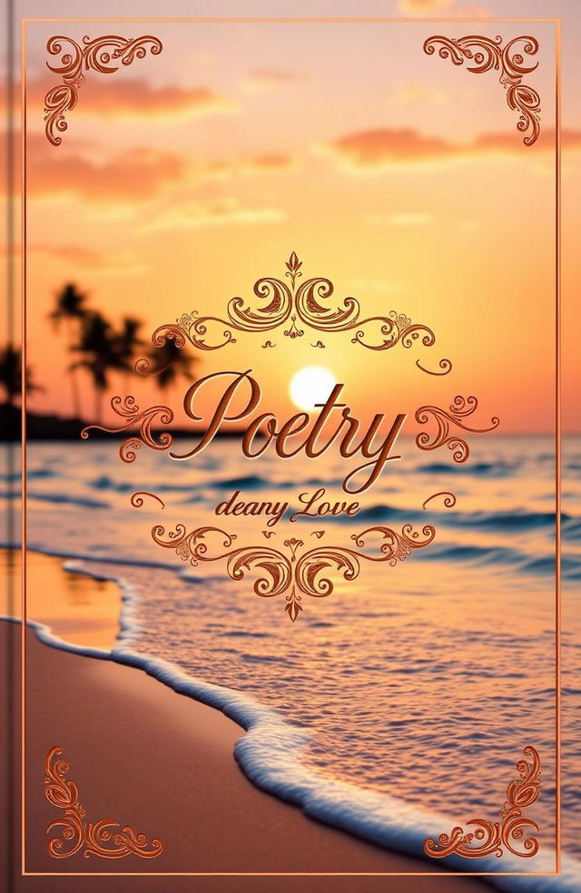 A beautifully designed romantic poetry book cover featuring an enchanting sunset over a tranquil beach, with soft waves lapping at the shore