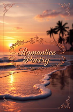 A beautifully designed romantic poetry book cover featuring an enchanting sunset over a tranquil beach, with soft waves lapping at the shore