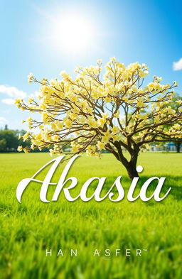 A book cover design featuring the title 'Akasia' in elegant, flowing typography