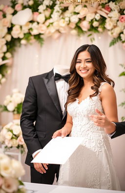 A romantic scene depicting a contract marriage, featuring a couple in a beautifully decorated setting, surrounded by flowers and soft lighting