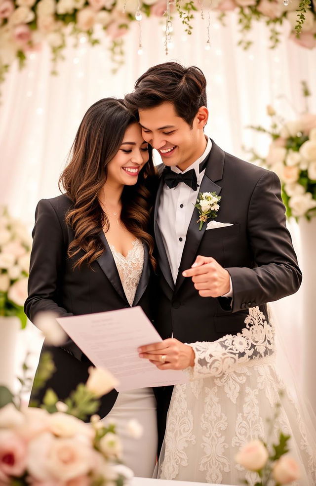 A romantic scene depicting a contract marriage, featuring a couple in a beautifully decorated setting, surrounded by flowers and soft lighting