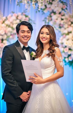 A romantic scene depicting a contract marriage, featuring a couple in a beautifully decorated setting, surrounded by flowers and soft lighting